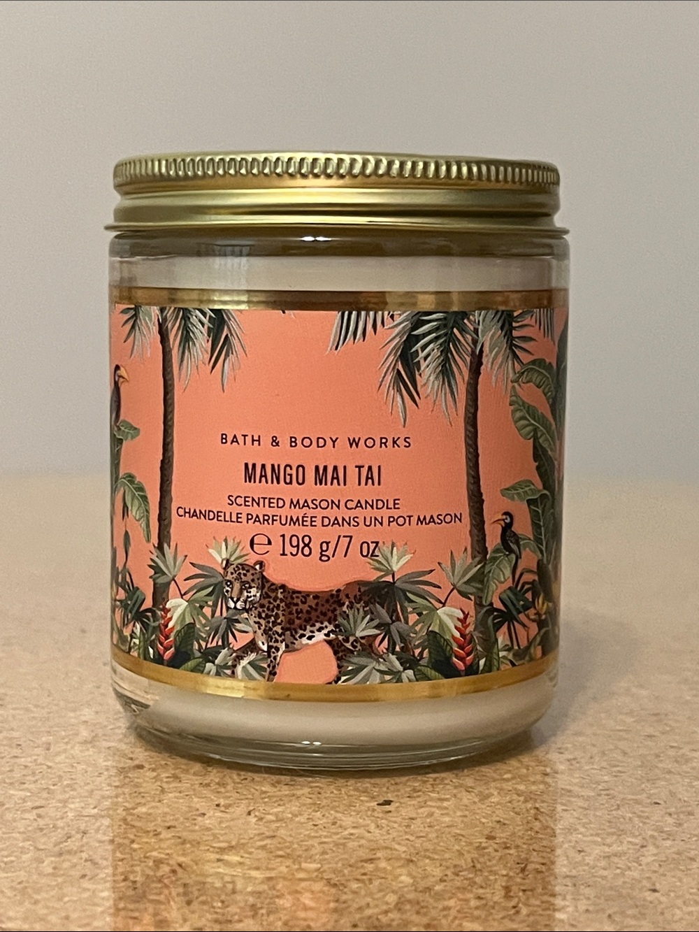 Bath & Body Works Mango Mai Tai Scented Mason Candle - Peach Coral with Gold Lid